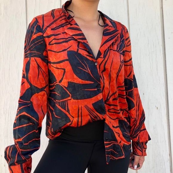 💝(3/$25) Zara Tropical Print Button Up Blouse Red Black Long Sleeve - Picture 2 of 8